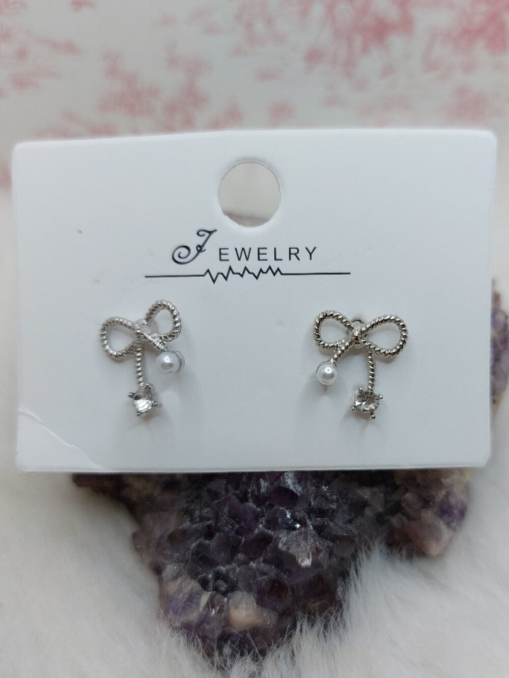 S925 Stud Silver-tone Bow Earrings Faux Pearl Back Detail